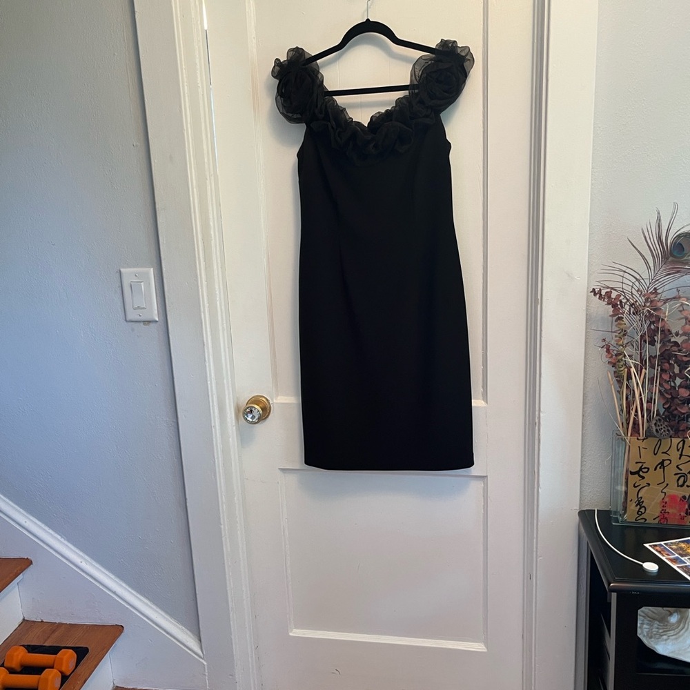 Joseph Ribkoff Black Dress with Sheer Ruffle Accents